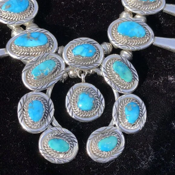 Vintage Sterling Silver Navajo Kingman Turquoise Squash Blossom Necklace Jewelry - Picture 4 of 16
